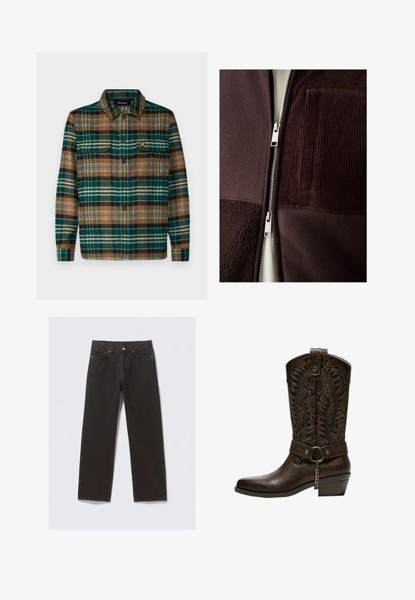 Giacca borgogna con zip, realizzata in tessuti in pile e corduroy, con una zip silver e una piccola tasca sul petto. Strato interno liscio visibile.; Camicia di flanella a quadri verde, marrone e nera con abbottonatura frontale, due tasche sul petto e un piccolo logo ricamato sulla tasca sinistra.; Jeans in denim nero con design a gamba dritta, cinque tasche e cuciture color rame. Tessuto liscio, chiusura a bottone classica in vita.; Bershka Stivali texani / biker - brown