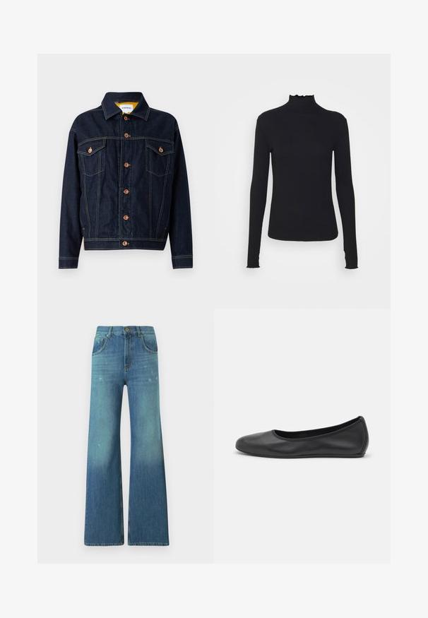 Dark blue denim jacket featuring copper hardware, two chest pockets, a straight cut, and visible stitching details. Classic collar design.; Black long-sleeve turtleneck top made of smooth fabric, featuring a ruffled neck and fitted silhouette with simple edges.; Flared blue denim jeans with a light wash gradient, featuring five-pocket design, zip fly, and brass button detail at waistband.; Black leather ballet flat with a rounded toe, smooth texture, minimal stitching detail, and a flexible sole design.