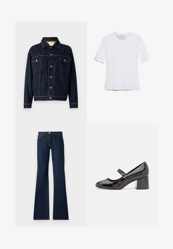 Veste en denim bleu foncé avec quincaillerie cuivrée, deux poches poitrine, une coupe droite et des détails de couture visibles. Design de col classique.; T-shirt blanc à manches courtes en tissu côtelé. Col rond, coupe régulière et détails de couture subtils. Aucune motif ni graphique.; Jean flare bleu foncé en denim, dotés d'un design à cinq poches, de passants de ceinture et de coutures jaunes contrastées le long des coutures.; Stuart Weitzman STUART - Escarpins - black