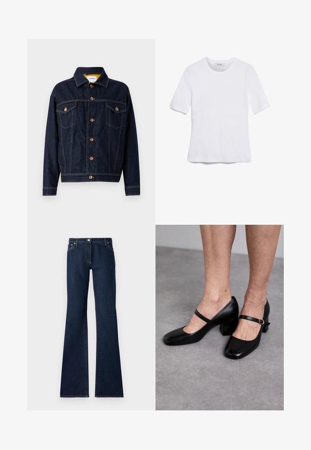 Veste en denim bleu foncé avec quincaillerie cuivrée, deux poches poitrine, une coupe droite et des détails de couture visibles. Design de col classique.; T-shirt blanc à manches courtes en tissu côtelé. Col rond, coupe régulière et détails de couture subtils. Aucune motif ni graphique.; Jean flare bleu foncé en denim, dotés d'un design à cinq poches, de passants de ceinture et de coutures jaunes contrastées le long des coutures.; Stuart Weitzman Escarpins - black