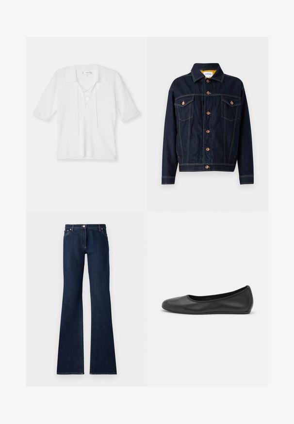 Dark blue denim jacket featuring copper hardware, two chest pockets, a straight cut, and visible stitching details. Classic collar design.; FRAME LACE UP - Basic T-shirt - off white; Dark blue flared jeans made of denim, featuring a five-pocket design, belt loops, and contrasting yellow stitching along the seams.; Black leather ballet flat with a rounded toe, smooth texture, minimal stitching detail, and a flexible sole design.