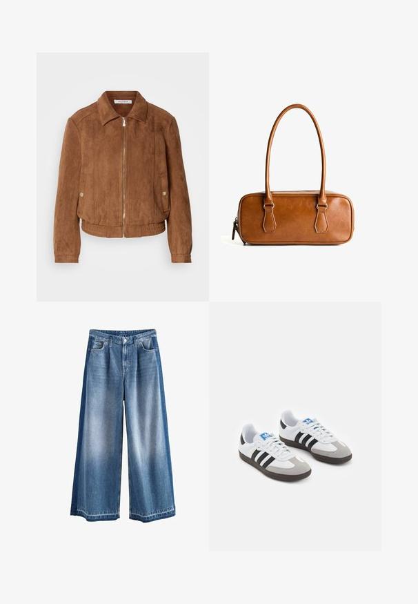 Giacca in suede marrone con chiusura a zip, orlo a coste e colletto rialzato. Presenta tasche laterali con bottoni a scatto e una superficie testurizzata.; Maglione azzurro navy, con collo rotondo, realizzato in un tessuto morbido e strutturato, con maniche lunghe e orlo cropped. Design semplice senza decorazioni.; Blusa bianca senza maniche con scollo a V, caratterizzata da un bordo in pizzo all'orlo con un motivo ondulato. Texture liscia e design minimalista.; Pantaloni in denim a gamba larga in blu chiaro a medio, con lavaggio sbiadito, tasche classiche e chiusura con bottone. Materiale in cotone resistente.; Scarpe sportive con tomaia in pelle bianca, punta in suede grigia e tre strisce nere. Presentano un logo blu sulla linguetta e una suola in gomma testurizzata.; Borsa a tracolla in pelle marrone con due manici lunghi, forma rettangolare, texture liscia, chiusura con zip e dettagli in metallo color argento.