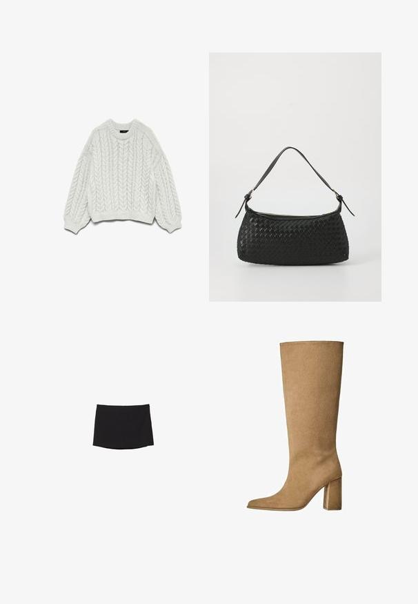 Braune karierte Bomberjacke mit verkürztem Design, geripptem Kragen, zwei Fronttaschen, elastischem Bund und langen Ärmeln.; Weißer Strickpullover mit einem Zopfmuster, rundem Ausschnitt und langen Ärmeln mit gerippten Bündchen und Saum.; Schwarzer Minirock aus glattem, dehnbarem Stoff; mit geradem Schnitt, subtilem Saum und ohne sichtbare Verschlüsse oder Muster.; Hellbraune Wildleder-Stiefel bis zum Knie mit Blockabsatz, spitz zulaufender Zehenform und glatter Textur. Minimalistisches Design ohne Verzierungen.; Schwarze geflochtene Schultertasche mit einem glatten Ledertragegurt und Reißverschluss. Verfügt über eine strukturierte Oberfläche und eine gebogene Form.