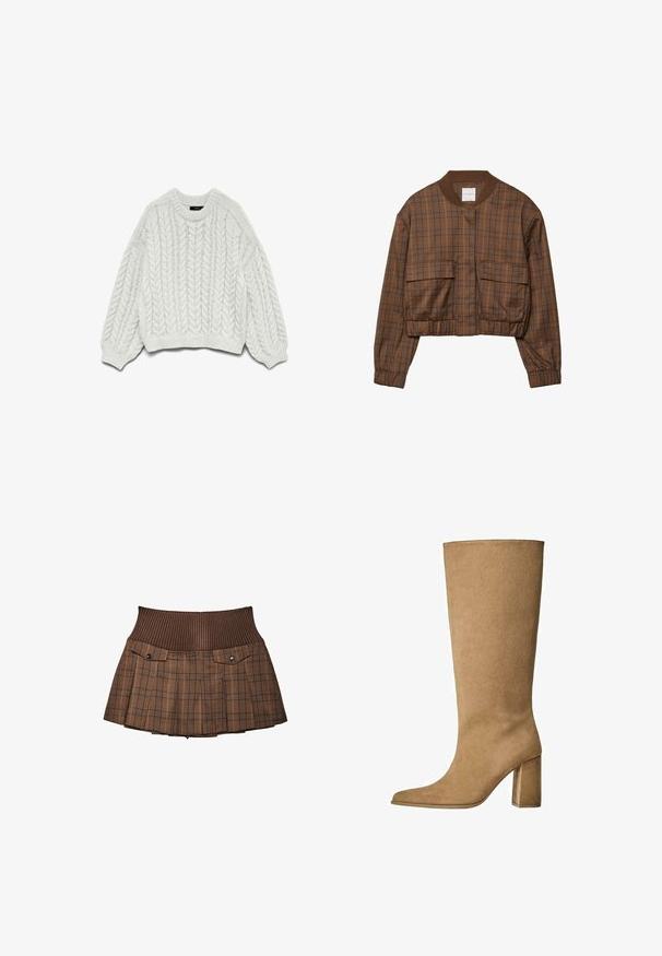 Brązowa bomberka w kratę z krótkim fasonem, prążkowanym kołnierzem, dwiema przednimi kieszeniami, elastycznym pasem i długimi rękawami.; Biały sweter dziergany z wzorem w warkocze, okrągłym dekoltem oraz długimi rękawami z ściągaczami na końcach i na dole.; Brązowa spódnica w kratę z ribbowanym paskiem, posiada dwie przednie kieszenie z zatrzaskami, plisowany krój i dopasowany wykończenie.; Karmowe zamszowe botki do kolan na słupku, z ostrym noskiem i gładką fakturą. Minimalistyczny design bez ozdób.