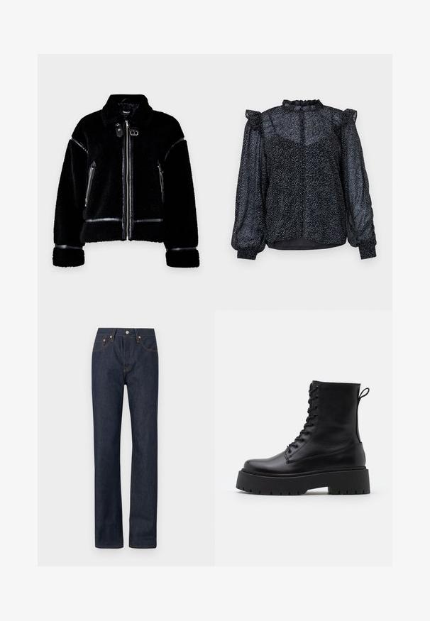 Czarna kurtka z owczej wełny z zamkiem błyskawicznym, wykończeniami z faux skóry, kieszeniami zapinanymi na zamek oraz kołnierzem. Teksturowana, miękka tkanina i dopasowany krój.; Czarna bluzka z drobnym wzorem, prześwitujący materiał, bufiaste rękawy oraz falbaniasty dekolt z zapięciem na guziki z tyłu.; Granatowe dżinsy o prostym kroju, z pomarańczowymi szwami, pięcioma kieszeniami i zapięciem na guzik w pasie.; Czarne skórzane botki za kostkę z okrągłym noskiem, sznurówką z przodu i grubą gumową podeszwą z teksturowanym bieżnikiem. Pętelka do zakładania z tyłu.