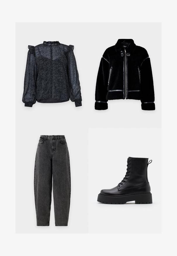 Black shearling jacket featuring a zip closure, faux leather accents, zippered pockets, and a collar. Textured soft fabric and tailored fit.; Black blouse featuring a speckled pattern, sheer material, puff sleeves, and a ruffled neckline with a button closure at the back.; High-waisted black denim jeans with a relaxed fit, featuring traditional five-pocket design and a button fly. Textured, non-stretch fabric.; Black leather ankle boots with a round toe, lace-up front, and a thick rubber sole featuring a textured tread. Pull tab at the back.