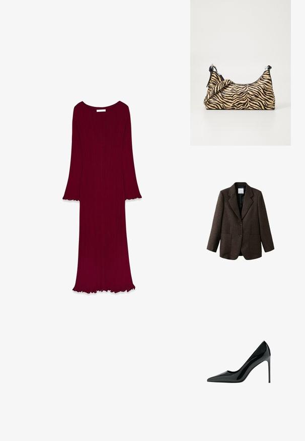 Brown wool blazer with notched lapels, two front pockets, and two-button closure. Interior is lined in black fabric for contrast.; Maroon long-sleeve dress with a ribbed texture, flared sleeves, and a scalloped hem. Features a round neck and a floor-length design.; Black patent leather stiletto heel pump with a pointed toe and smooth, shiny texture; tall, slender heel; minimalistic design.; Tote bag in a tiger stripe pattern, featuring a beige base with black stripes, smooth texture, and black accents. Adjustable strap included.