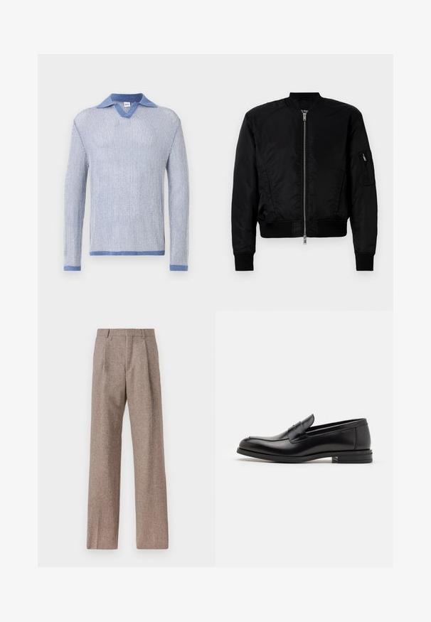 Zwarte bomberjack gemaakt van gladde stof, met een ritssluiting aan de voorkant, geribde manchetten en een ritszak op de linkermouw.; Lichtblauwe gebreide trui met lange mouwen, voorzien van een V-hals en een contrasterende denim kraag. Zachte textuur en een standaard pasvorm.; Bruine, hooggewaisted broeken van een gestructureerde stof. Heeft wijde benen en twee voorplooien voor extra structuur. Net afgewerkt zonder zichtbare hardware.; Zwarte leren instappers met een gladde textuur, ronde neus en een decoratieve band over de wreef. Lage, gestapelde hak en minimalistisch ontwerp.