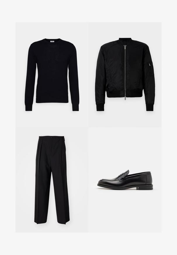 Jachetă bomber neagră dintr-un material neted, cu închidere prin fermoar frontal, manșete ribbed și un buzunar cu fermoar pe mâneca stângă.; Pulover negru cu mânecă lungă, fabricat dintr-un material tricotat moale. Decupaj rotund, mansete și margine cu nervuri. Design minimalist fără modele sau nasturi vizibili.; Pantaloni negri plisat cu un design drept și pantaloni largi. Construiți dintr-un material neted, prevăzuți cu închidere cu nasture și bucle pentru curea.; Mocasini din piele neagră cu o textură netedă, vârf rotund și o curea decorativă peste partea superioară. Toc mic, design minimalist.