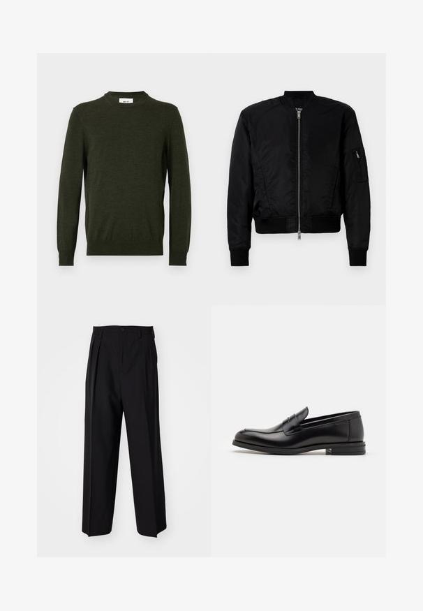 Zwarte bomberjack gemaakt van gladde stof, met een ritssluiting aan de voorkant, geribde manchetten en een ritszak op de linkermouw.; Donkergroene trui van een gestructureerde wolmix, met een ronde hals en lange mouwen, voorzien van ribbels aan de manchetten en onderkant.; Zwarte geplooide broeken met een rechte, brede pijpontwerp. Gemaakt van soepele stof, met een knoopsluiting en riemlussen.; Zwarte leren instappers met een gladde textuur, ronde neus en een decoratieve band over de wreef. Lage, gestapelde hak en minimalistisch ontwerp.