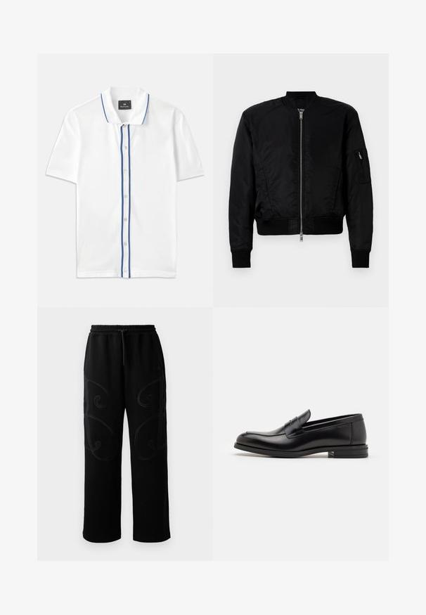 Sort bomberjakke lavet af glat stof, med lynlåslukning foran, ribbede manchetter og en lynlåslomme på venstre ærme.; Hvid polo-shirt med blå kantbånd langs kraven og knapstolpen, med korte ærmer og klassisk knap-ned design.; Sorte joggingbukser med en afslappet pasform, der har intrikate spiralmønstre i syningerne langs siderne samt en elastisk talje med snoretræk.; Sorte læderloafers med en glat overflade, rund tå og en dekorativ strop over vampen. Lav hæl med stabeldesign, minimalistisk stil.