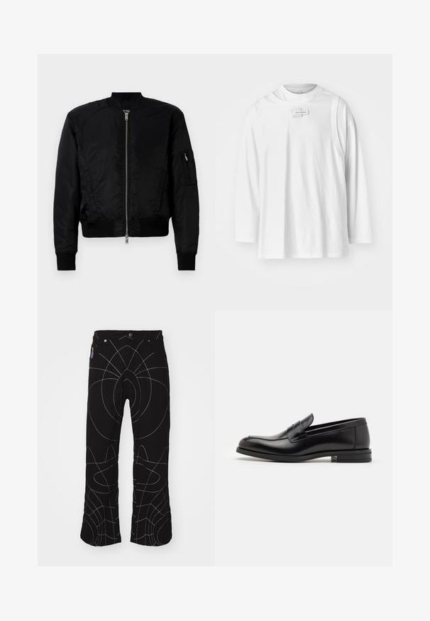 Must beibkade must kaartest, millel on eesmine tõmblukk, soonikkoes varrukad ja tõmblukuga tasku vasakul varrukal.; Feng Chen Wang DECONSTRUCTION UNISEX - Pikkade varrukatega topp - white; Mustad püksid valgete abstraktsete õmblustega. Omab tavalisi taskuid, nööbilikku ja sirget lõiget. Tekstuuriga kangas.; Mustad mustad nahast loafers sileda tekstuuriga, ümarat ninaosa ja dekoratiivne riba vampi üle. Madal kihiline konts, minimalistlik disain.