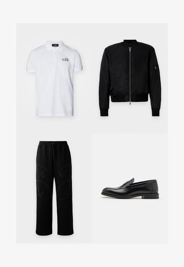 Schwarze Bomberjacke aus glattem Stoff, mit einem Reißverschluss vorne, gerippten Ärmeln und einer Reißverschlusstasche am linken Ärmel.; DSQUARED2 ICON Poloshirt - white; Schwarze Sweatpants mit lockerer Passform, die an den Seiten über aufwendige, spiralförmige Nähmuster verfügen und einen elastischen Bund mit Kordelzug haben.; Schwarze Lederloafers mit glatter Textur, rundem Zehenbereich und einem dekorativen Riemen über dem Vorderfuß. Niedriger, gestapelter Absatz, minimalistisches Design.