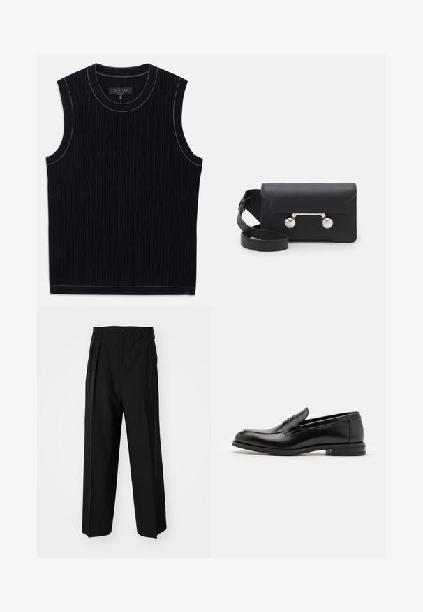Čierna bomber bunda vyrobená z hladkej tkaniny, so zapínaním na zips vpredu, rebrovanými manžetami a zipsovou vreckom na ľavom rukáve.; Čierny top bez rukávov vyrobený z rebrovanej látky, s okrúhlym výstrihom a čistým lemom. Diskrétne kontrastné obšitie pozdĺž výstrihu.; Čierne skladané nohavice s rovnom, širokým strihom. Vyrobené z hladkého materiálu, s gombíkovým zapínaním a pútkami na opasok.; Čierne kožené mokasíny s hladkou textúrou, zaoblenou špičkou a dekoračným pásikom cez priehlavok. Nízky vrstvený opätok, minimalistický dizajn.; Čierna kožená crossbody taška s klopovým uzáverom, strieborné nity a dve okrúhle ozdoby. Obsahuje odnímateľný popruh. Hladký povrch.