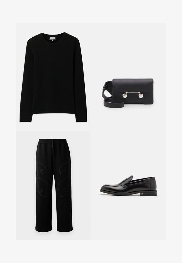 Schwarze Bomberjacke aus glattem Stoff, mit einem Reißverschluss vorne, gerippten Ärmeln und einer Reißverschlusstasche am linken Ärmel.; Schwarzes Langarm-Shirt aus geripptem Strick mit Rundhalsausschnitt, Etikett Paul & Joe Paris, Größe M, auf einem weißen Hintergrund dargestellt.; Schwarze Sweatpants mit lockerer Passform, die an den Seiten über aufwendige, spiralförmige Nähmuster verfügen und einen elastischen Bund mit Kordelzug haben.; Schwarze Lederloafers mit glatter Textur, rundem Zehenbereich und einem dekorativen Riemen über dem Vorderfuß. Niedriger, gestapelter Absatz, minimalistisches Design.; Schwarze Leder-Umhängetasche mit Klappenverschluss, silberfarbener Hardware und zwei runden Akzenten. Verfügt über einen abnehmbaren Schulterriemen. Glatte Textur.