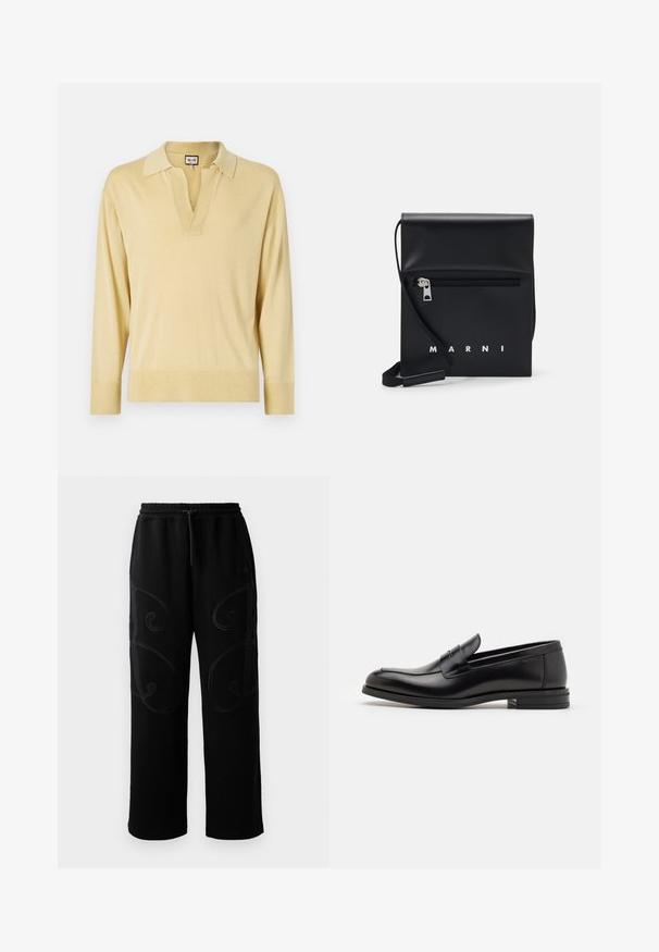 Casaco bomber preto feito em tecido suave, com fecho frontal em zíper, punhos canelados e um bolso com zíper na manga esquerda.; Sweater de polo de mangas longas em amarelo claro, com decote em V, gola em contraste e punhos ribados, com uma textura suave e macia.; Calças de treino pretas com um corte relaxado, apresentando padrões de costura em espiral intrincados nas laterais e uma cintura elástica com cordão.; Mocassins de couro preto com uma textura suave, bico arredondado e uma faixa decorativa sobre o peito do pé. Salto baixo e empilhado, design minimalista.; Bolsa de couro preta a tiracolo com um bolso frontal com fecho, logotipo em relevo e alça ajustável. Textura suave com uma forma estruturada.