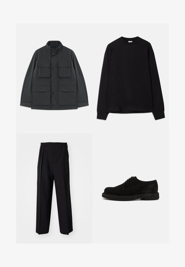 Black utility jacket with four front flap pockets, snap button closures, long sleeves, and a high collar with a zipper.; Black long-sleeve t-shirt made of soft cotton. Features a round neckline, loose fit, and ribbed cuffs. No visible patterns or logos.; Black pleated trousers with a straight, wide-leg design. Made from smooth fabric, featuring a button closure and belt loops.; The Antipode DERBY - Lace-ups - black