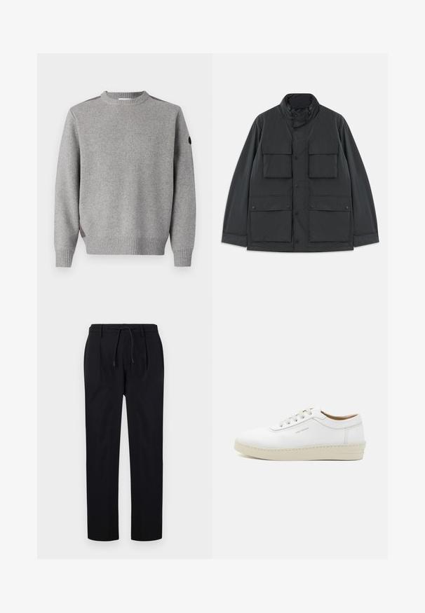Black utility jacket with four front flap pockets, snap button closures, long sleeves, and a high collar with a zipper.; Gray knitted sweater featuring a ribbed texture, crew neck, and contrasting accents at the shoulders. The cuffs are also ribbed.; Black trousers made of smooth fabric, featuring a drawstring waist, straight legs, and front pleats for a structured look.; White leather sneaker with a textured finish, round toe, beige rubber sole, and six grey lace eyelets, featuring subtle branding on the side.