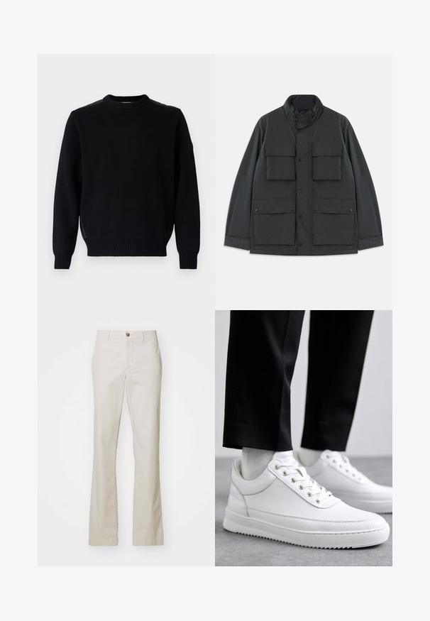 Schwarze Utility-Jacke mit vier vorderen Klappentaschen, Druckknopf-Verschlüssen, langen Ärmeln und einem hohen Kragen mit Reißverschluss.; Schwarzer gestrickter Pullover mit rundem Hals, gerippten Bündchen und Saum. Besitzt seitliche Schlitze und ein kleines Logo am Ärmel.; J.LINDEBERG LOIS CLOUD PANTS - Stoffhose - moonbeam; Weiße Leder-Sneaker mit flacher Gummisohle, ausgestattet mit einer glatten Oberfläche, runder Zehenpartie und Metallösen für die Schnürsenkel. Getragen mit schwarzen Hosen.