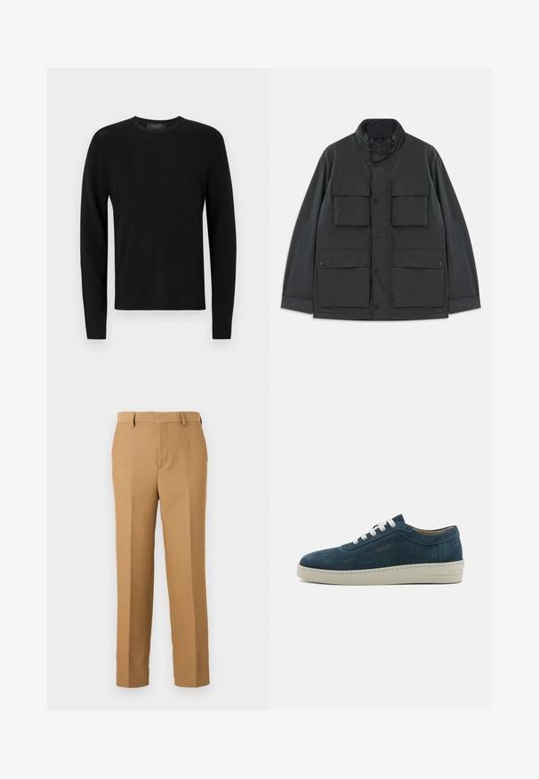 Black utility jacket with four front flap pockets, snap button closures, long sleeves, and a high collar with a zipper.; Black cotton long-sleeve sweater with a ribbed texture, round neck, and fitted sleeves. Plain design with no patterns or accents.; Beige dress pants made of woven fabric, featuring a straight cut, flat front, and belt loops. Smooth texture with no visible patterns.; Blue suede sneaker with a rounded toe, white laces, and a rubber sole. Features subtle stitching and a branded accent on the side.