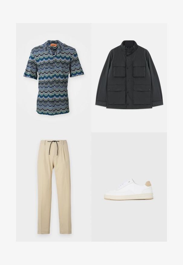 Fekete munkakabát négy elülső hajtókás zsebével, patentos záródással, hosszú ujjakkal és cipzáras magas gallérral.; Rövid ujjú, gombos ing, melynek navy, zöld és világoskék cikk-cakk mintázata van egy textúrált anyagon. Címke a nyaknál.; Beige nadrág, egyenes fazonban, húzózsinórral a derékrészen, pliszírozott elejével és sima textúrájával. Egyszerű, sokoldalú dizájn.; Fehér, alacsony szárú sportcipők textúrált bőr felsőrésszel, krémszínű bordás talppal és barna sarokdíszítéssel. Fehér fűzőkkel és logóval ellátott sarokkialakítással rendelkezik.