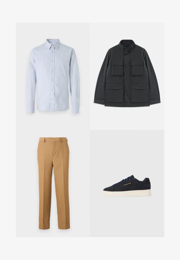 Črna delovna jakna s štirimi sprednjimi žepi z zavihki, zapenjanjem na pritisne gumbe, dolgimi rokavi in visokim ovratnikom z zadrgo.; Svjetlopliva košulja dugih rukava napravljena od glatkog materijala, s prednjim kopčanjem na gumbe, ovratnikom i ravnim rubom.; Bež hlače iz tkanine, s ravnim krojem, ravnim sprednjim delom in pasom za pas. Gladka tekstura brez vidnih vzorcev.; Mornarsko modre semiš nizke superge z belim podplatom, mornarskimi vezalkami in z zlatim logotipom "Filling Pieces" na strani.