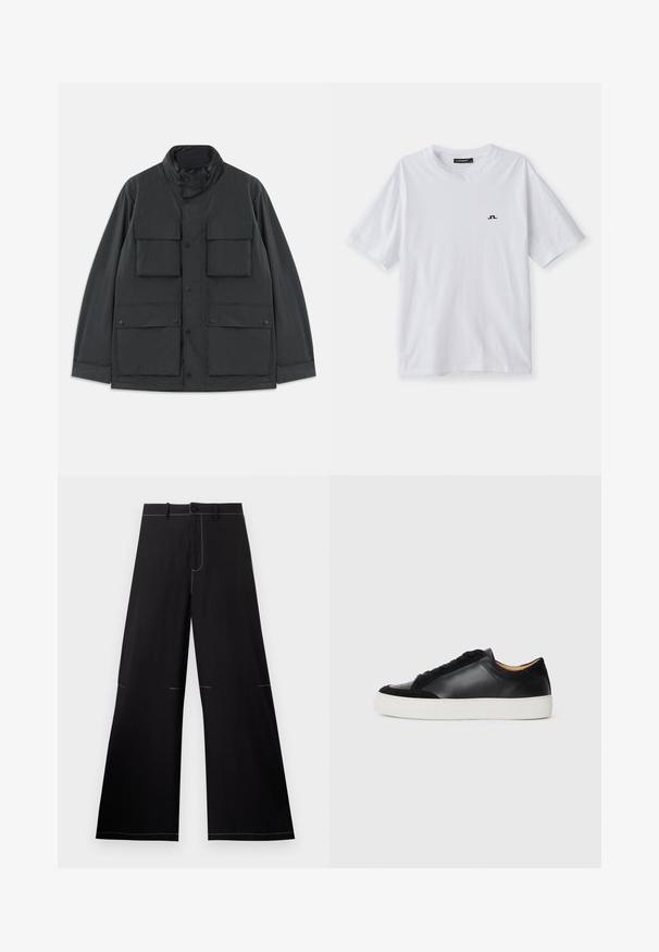 Juodas universalaus tipo švarkas su keturiais priekiniais užlenktais kišenėmis, paspaudimo mygtukais, ilgomis rankovėmis ir aukšta apykakle su užtrauktuku.; Balta medvilnės marškinėliai su apykakle ir trumpomis rankovėmis, ant krūtinės yra mažas juodas logotipas. Lygus tekstūra ir laisvas siluetas.; Juoda plačių kojų kelnės su baltomis siuvimo detalėmis, su mygtuko uždarymu ir diržo kilpomis. Pagamintos iš lengvos medžiagos.; Juodas odinės sportbačiai su zomšos akcentais, apvaliu nosiu, plokščiu baltu guminio pado, ir kontrastingomis tekstūromis ant kūno ir raištelių.