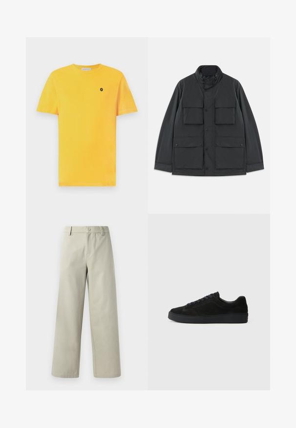 Juodas universalaus tipo švarkas su keturiais priekiniais užlenktais kišenėmis, paspaudimo mygtukais, ilgomis rankovėmis ir aukšta apykakle su užtrauktuku.; Geltonas medvilninis marškinėliai trumpomis rankovėmis, apykakle su apvaliu iškirpimu ir mažas juodas logotipas kairėje krūtinės pusėje. Lygi tekstūra ir standartinė siluetė.; Han Kjøbenhavn WIDE LEG - Kelnės - light grey; Juodos suedinės sportbačiai su plokščiu, tekstūriniu padu, apvaliu pirštu, šešiais skylutėmis raištams ir minimalistišku dizainu.