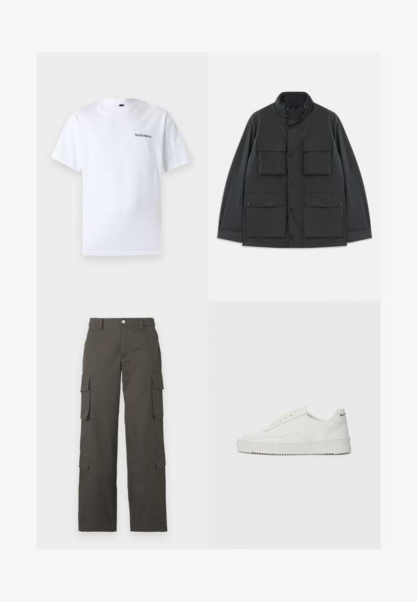 Sort utilityjakke med fire frontlommer med klap, trykknaplukninger, lange ærmer og høj krave med lynlås.; No Problemo MINI TEE - T-shirts basic - white; Mørkegrå straight-leg cargo bukser med knaplukning og fire klaplommer, to på lårene og to nær læggene.; Hvide lædersneakers med en glat overflade, rund tå, flade snørebånd og en tekstureret sål. Har et diskret logo på hælen.