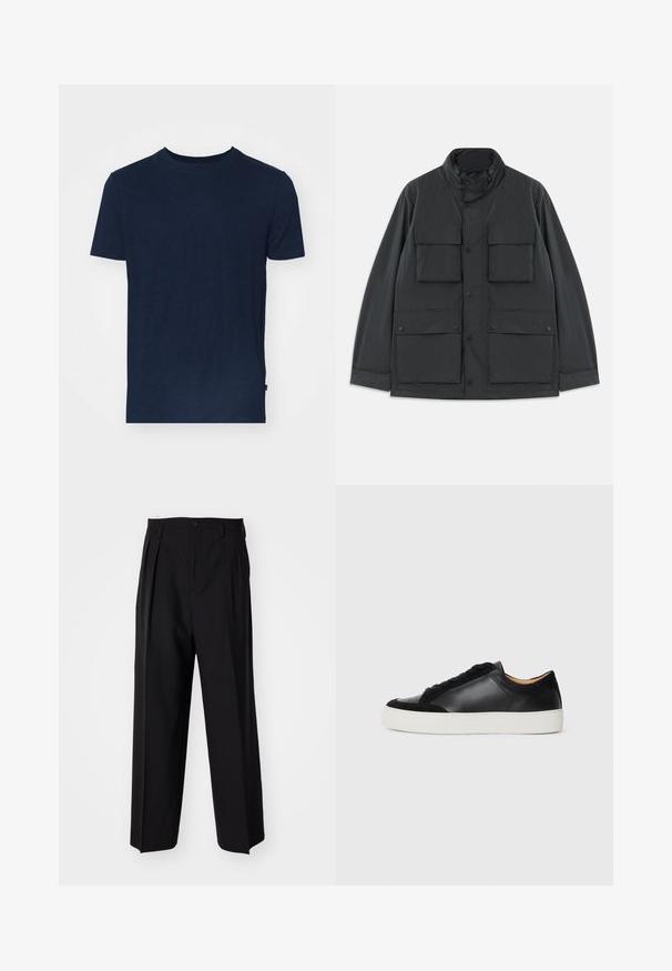 Chaqueta de utilidad negra con cuatro bolsillos frontales con solapa, cierres de botón a presión, mangas largas y un alto cuello con cremallera.; Camiseta azul marino hecha de tejido suave, con cuello redondo y mangas cortas, de corte holgado y sin patrones ni acentos visibles.; Pantalones negros plisados con un diseño recto y de pierna ancha. Fabricados en una tela suave, presentan un cierre de botón y trabillas para el cinturón.; Zapatilla de piel negra con acentos de ante, puntera redonda, suela plana de goma blanca y texturas contrastantes en el cuerpo y los cordones.