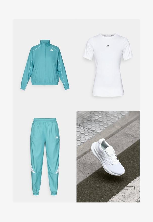 Teal zip-up takki, jossa on pystysuora kaulus. Ominaisuuksiin kuuluu valkoinen kapea kaitale hartioiden varrella ja pieni logo vasemmassa rinnassa. Kevyt materiaali.; Valkoinen urheilupaita lyhyillä hihoilla, valmistettu sileästä ja joustavasta kankaasta. Rinnassa on pieni musta Adidas-logo.; Teal urheiluhousut, joissa on joustava vyötärö. Housuissa on valkoiset viistot raidat alalegissä ja sivutaskut. Valmistettu kevyestä materiaalista.; Valkoiset urheilukengät, joissa on verkkopinta, nauhakiinnitys ja teksturoitu pohja. Huomaamaton brändäys ja saumatonta rakennetta korostavat yksityiskohdat.