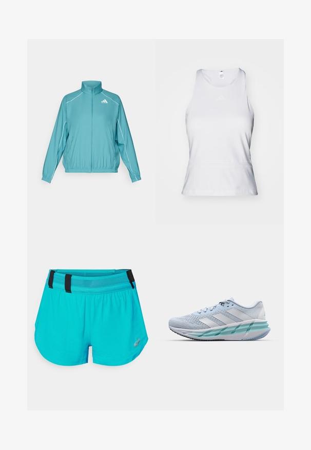 Teal zip-up jacket with a stand collar. Features white piping along the shoulders and a small logo on the left chest. Lightweight material.; White sleeveless athletic top with a round neck, smooth texture, and subtle tonal logo on the chest. Straight hemline at the waist.; ASICS METARUN SPLIT SHORT - Sports shorts - wave teal; Light blue athletic shoes with a textured knit upper, white accents, and a transparent green midsole. Rounded toe and padded collar.