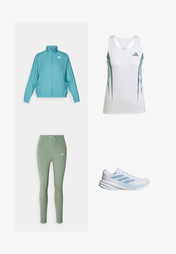 Cyan zip-jacka med ståkrage. Har vit piping längs axlarna och en liten logotyp på vänster bröst. Lätt material.; Vit sporttopp med turkosa detaljer och ett geometriskt mönster. Har en racerback-design och ett lätt, texturerat tyg.; Stretchiga gröna leggings med hög midja, med en dekorativ rosett och en liten vit logotyp på vänster sida.; Vita löparskor med ljusblå accenter, andningsbart nätöverdel, tre-randsdesign, dämpad sula och strukturerad dragkraftssula.