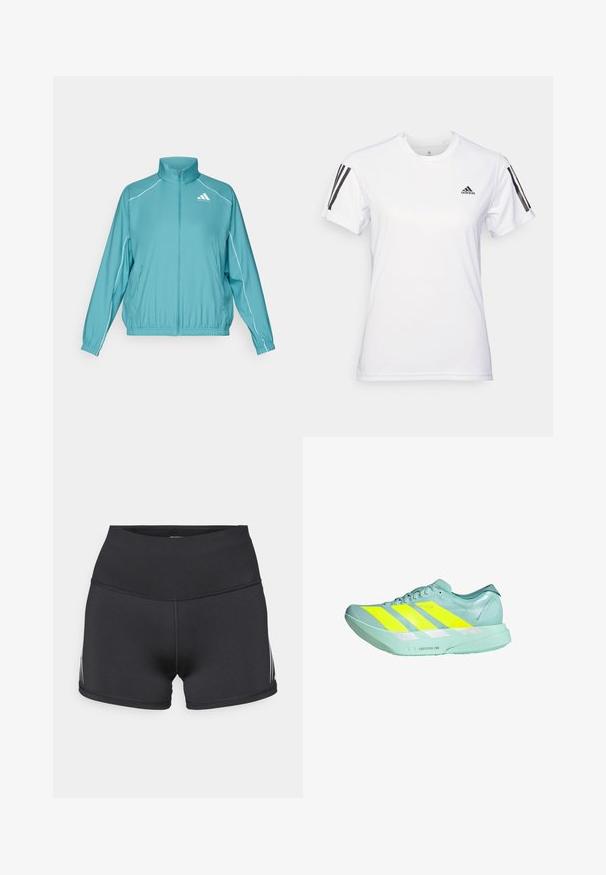 Veste zippée teal avec un col montant. Présente des passepoils blancs le long des épaules et un petit logo sur la poitrine gauche. Matériau léger.; T-shirt de sport blanc en tissu lisse et léger. Présente des accents noirs à trois rayures sur les épaules et un petit logo noir sur la poitrine.; Shorts de sport noirs avec une taille haute, fabriqués en tissu extensible. Ils présentent des bandes blanches sur les côtés et des coutures plates pour plus de confort.; Chaussure de course légère en vert menthe avec trois rayures jaunes audacieuses. Présente une texture lisse, des accents réfléchissants et une semelle rembourrée.