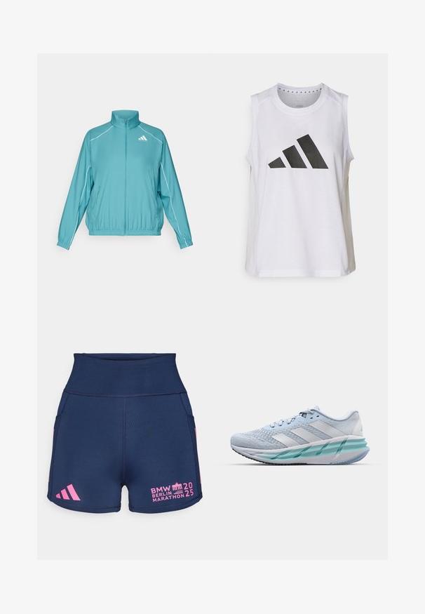 Turkusowa kurtka na zamek z kołnierzem typu stójka. Posiada białe lamówki wzdłuż ramion oraz małe logo na lewej piersi. Wykonana z lekkiego materiału.; Biała bezrękawnik sportowy z okrągłym dekoltem, z dużym czarnym logo Adidas składającym się z trzech pasów z przodu.; adidas Performance - Krótkie legginsy do biegania; Jasnoniebieskie buty sportowe z teksturowaną cholewką z dzianiny, białymi akcentami i przezroczystą zieloną podeszwą środkową. Okrągły czubek i wyściełany kołnierz.