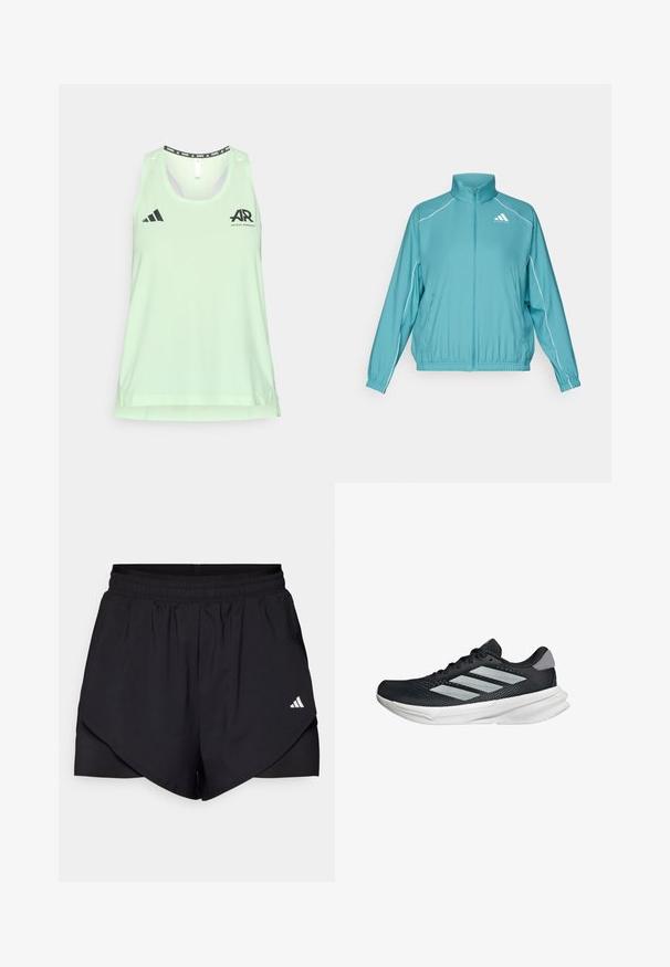 Teal zip-up jack met een staande kraag. Kenmerkt zich door witte piping langs de schouders en een klein logo op de linkerkant van de borst. Lichtgewicht materiaal.; Lichtgroene mouwloze sporttanktop van ademend materiaal, met zwart adidas-logo en hardloopgrafieken op de halslijn en borst.; Zwarte sportshorts met een gelaagd ontwerp, gemaakt van lichtgewicht stof. Voorzien van een elastische tailleband en een klein wit logo aan de zijkant.; Zwarte hardloopschoen met een mesh bovenzijde, drie zilveren strepen, witte middenzool en een gestructureerde loopzool. Heeft een gevoerde kraag en een vetersluiting.