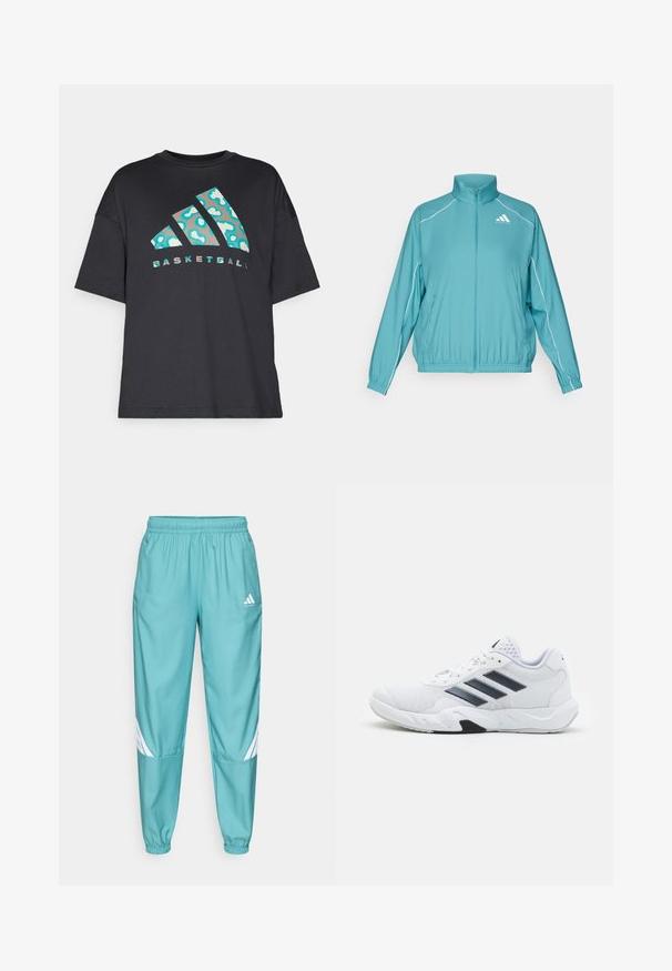 Veste zippée teal avec un col montant. Présente des passepoils blancs le long des épaules et un petit logo sur la poitrine gauche. Matériau léger.; T-shirt noir surdimensionné en coton, arborant un motif abstrait turquoise et le mot "BASKETBALL" en texte contrasté sous le logo.; Pantalons de sport teal avec taille élastique, comportant des rayures blanches en diagonale sur le bas des jambes et des poches latérales. Fabriqués en matériau léger.; Baskets blanches avec une tige en maille, trois rayures noires sur le côté, des accents texturés et une semelle en caoutchouc robuste avec une section noire contrastante.