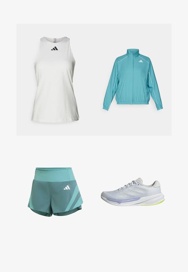 Türkisfarbene Zip-Jacke mit Stehkragen. Verfügt über weiße Paspeln an den Schultern und ein kleines Logo auf der linken Brustseite. Leichtes Material.; Weißes ärmelloses Sporttop aus glattem Stoff, mit runder Ausschnitt und schwarzem Adidas-Logo auf der Vorderseite.; Hellblaue Sportshorts mit hohem Bund, seitlichen Streifen und weißem Adidas-Logo auf der rechten Vorderseite.; Weiße Sportschuhe mit einem atmungsaktiven Mesh-Obermaterial, strukturiertem Design und lavendelfarbenen Akzenten. Die Schuhe verfügen über eine gepolsterte Sohle mit grünen Außensohlen-Details.