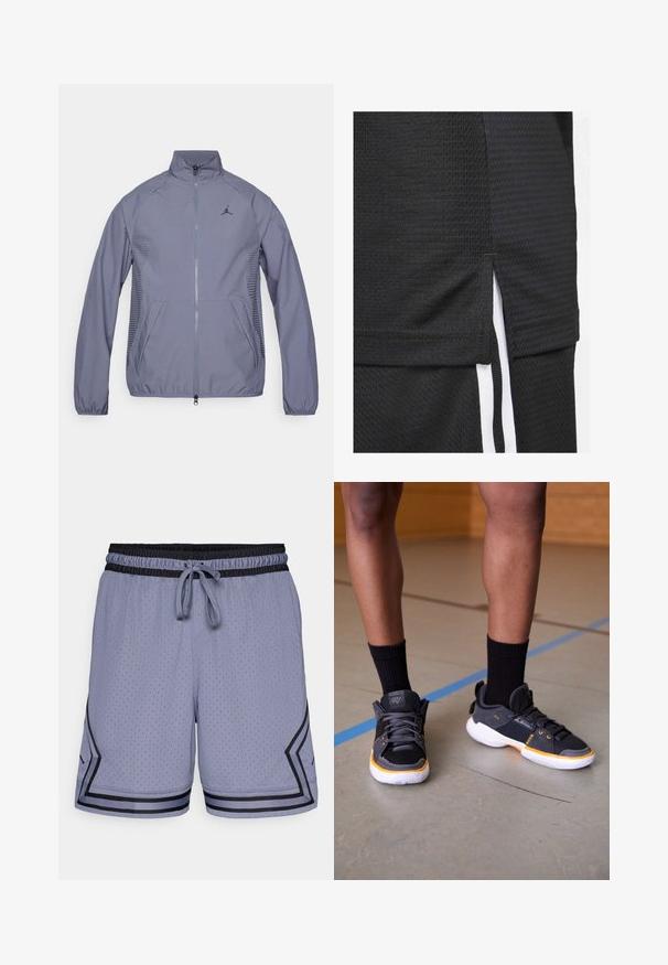 Světlé šedé zipové sako s vysokým límcem, bočními kapsami, síťovanými detaily a černým logem na hrudi. Hladký, sportovní materiál.; Černý sportovní dres s texturovanou tkaninou, krátkým lemem se bočními rozparky a bílými akcentovými pruhy po stranách.; Světle modré sportovní šortky s síťovanou strukturou, elastickým pasem, stahovací šňůrkou a černými akcenty podél lemu a po stranách.; Černé a šedé sportovní boty s oranžovými akcenty, mají texturovaný svršek, šněrování a polstrovanou bílou podrážku. Nosené s černými ponožkami.
