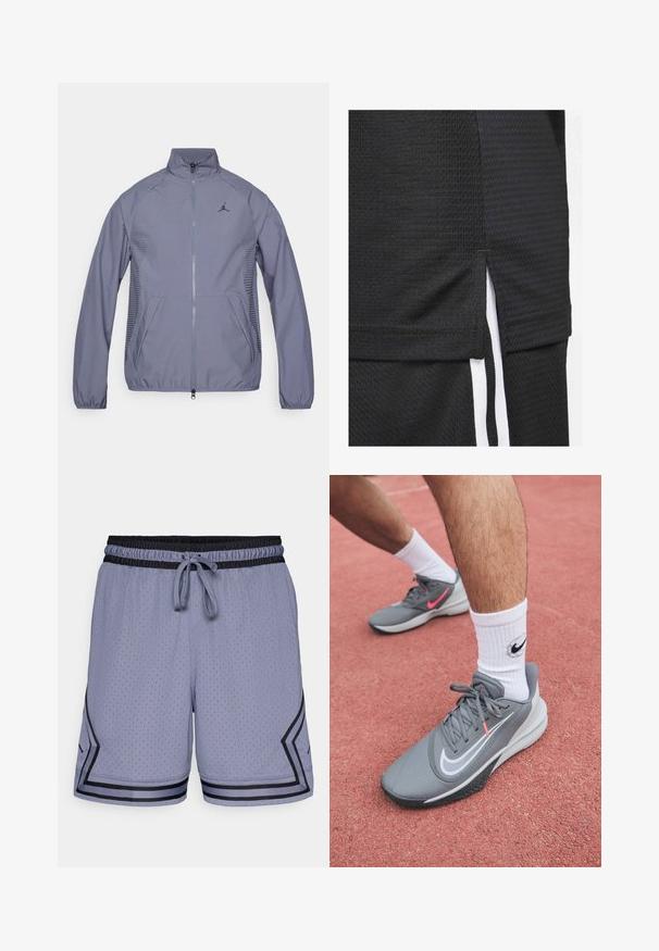 Chaqueta de cremallera gris claro con un cuello alto, bolsillos laterales, detalles de malla y un logo negro en el pecho. Tejido suave y atlético.; Camiseta deportiva negra con un tejido texturizado, dobladillo corto con aberturas laterales y rayas blancas de acento a lo largo de los lados.; Pantalones cortos deportivos de color azul claro con textura de malla, cinturilla elástica, cordón y acentos negros a lo largo del dobladillo y los laterales.; Zapatillas deportivas grises con parte superior de malla, logo de swoosh blanco y suela de goma negra texturizada. Combinadas con calcetines blancos hasta la pantorrilla.
