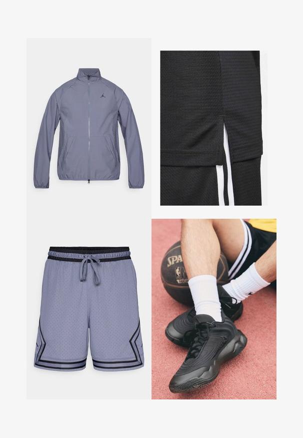 Šviesiai pilka zip-up striukė su aukštu apykakle, šoninėmis kišenėmis, tinklinėmis detalėmis ir juodu logotipu ant krūtinės. Lygus, sportinis audinys.; Juoda sportinė maikutė su tekstūruotu audiniu, trumpu hemu su šoninėmis įpjovomis ir baltomis akcentinėmis juostelėmis šonuose.; Šviesiai mėlyni sportiniai šortai su tinkliniu tekstūru, elastingu juosmeniu, raišteliu ir juodais akcentais apatinėje dalyje ir šone.; Juodi sportiniai bateliai su tekstūruotu viršumi ir išlenktu dizainu. Sėdi ant krepšinio, derinami su baltais raišteliais ant rožinės spalvos paviršiaus.