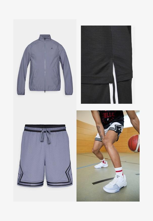 Lys grå hettejakke med glidelås, høy krage, sidelommer, mesh-detaljer og svart logo på brystet. Glatt, atletisk stoff.; Svart idrettsjersey laget av strukturert stoff, kort hem med sideslisser og hvite aksentstriper langs sidene.; Lys blå treningsshorts med mesh tekstur, elastisk midjebånd, snøring og svarte detaljer langs kanten og siden.; Hvite basketballsko med lysegrå detaljer, teksturerte meshpaneler og et snøresystem, kombinert med røde og hvite stripete sokker.