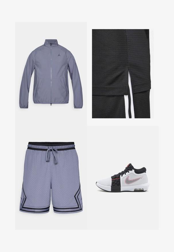 Giacca zip con colletto alto di colore grigio chiaro, con tasche laterali, dettagli in rete e logo nero sul petto. Tessuto morbido e atletico.; Maglia sportiva nera realizzata in un tessuto testurizzato, con orlo corto e spacchi laterali, e strisce bianche decorative lungo i lati.; Pantaloni corti sportivi blu chiaro con una texture a rete, vita elastica, regolabile con cordino e dettagli neri lungo l'orlo e il lato.; Scarpa da ginnastica Nike con tomaia in mesh bianco, dettagli neri, logo rosso e particolari testurizzati. Presenta lacci neri e ammortizzazione visibile nella suola.