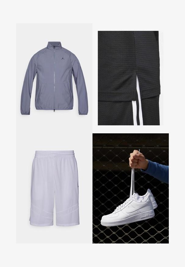 Heledhalli tõmblukuga jope kõrge kaelusega, küljetaskudega, võrgusilmaga detailidega ning musta logoga rinnal. Sile, sportlik kangas.; Mustad musta treeningülikond, millel on tekstuuriga kangas, lühike pesu külgniitidega ja valged aktsenttriibud külgedel.; Valged spordilühikesed püksid, mis on valmistatud hingavast võrgusilma kangast. Omavad elastset vööd ja nurkadega paneeli detaile hemil.; Valged nahast tennisetossud, millel on perforatsioonid, ümar nina, lame tallus ja paksud nöörid, nähtava swooshi logoga ja "AIR" kontsadel.
