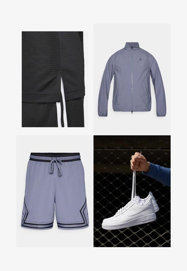 Šviesiai pilka zip-up striukė su aukštu apykakle, šoninėmis kišenėmis, tinklinėmis detalėmis ir juodu logotipu ant krūtinės. Lygus, sportinis audinys.; Juoda sportinė maikutė su tekstūruotu audiniu, trumpu hemu su šoninėmis įpjovomis ir baltomis akcentinėmis juostelėmis šonuose.; Šviesiai mėlyni sportiniai šortai su tinkliniu tekstūru, elastingu juosmeniu, raišteliu ir juodais akcentais apatinėje dalyje ir šone.; Balti odiniai sportiniai bateliai su perforacijomis, apvalia nosimi, plokščiu padu ir storomis raištelėmis, su matomu swoosh logotipu ir "AIR" ant kulno.