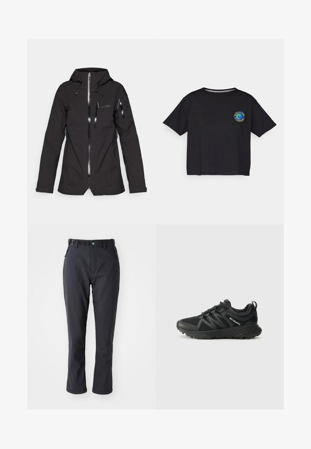 Black waterproof jacket with a fitted silhouette, zippered front, adjustable hood, and multiple zippered pockets for storage.; Black cotton short-sleeve T-shirt featuring a circular multicolored logo on the chest. Straight hem and relaxed fit.; Columbia LEADER CREST™ PANT - Outdoor trousers - black; Columbia PEAKFREAK - Hiking shoes - black