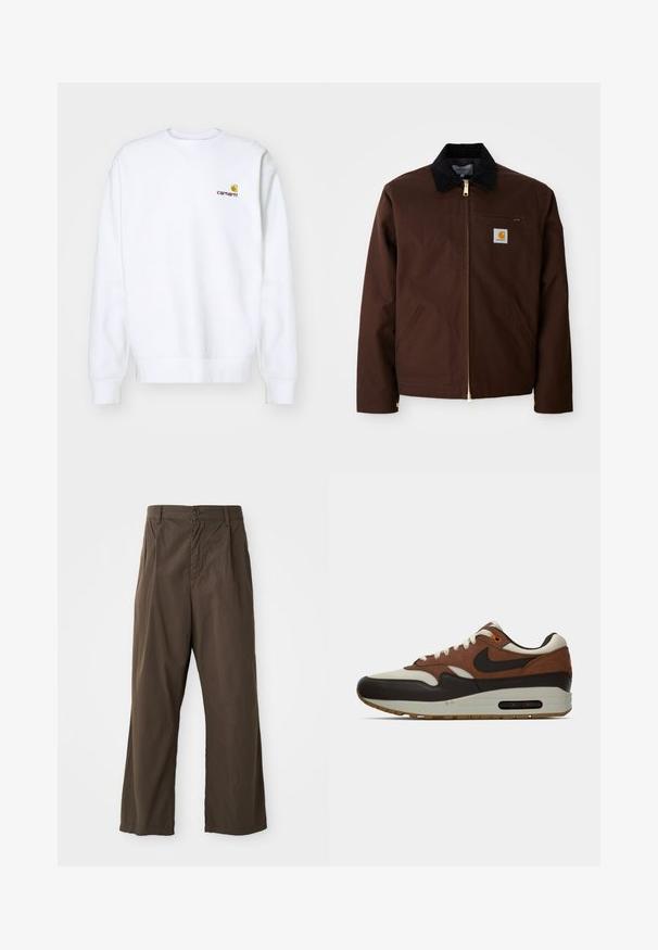 Barna vászon dzseki arany cipzárral, kordbársony gallérral, bal melletti zsebbel márkázott folttal, és rejtett cipzáros oldalzsebekkel.; Carhartt WIP AMERICAN SCRIPT - Melegítőfelső - white; Barna, bő szárú pamut nadrág, elülső gombzárral, övhurkokkal és sima, matt felülettel.; Barna, krém és fekete Nike Air Max sportcipő, látható légpárnás talppal és fűzős dizájnnal, oldalnézetből bemutatva, fehér háttér előtt.