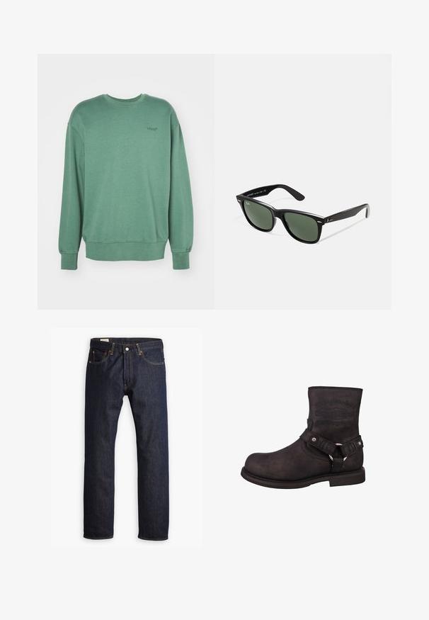 Brown canvas jacket featuring a gold zipper, corduroy collar, left chest pocket with logo patch, and side pockets with concealed zippers.; Green sweatshirt with long sleeves, round neckline, ribbed cuffs, and a small black logo on the chest. Soft, textured cotton material.; Dark blue denim jeans featuring a straight leg design, orange stitching, and five-pocket styling with a metal button closure.; Black leather motorcycle boot with a rounded toe, ankle height, and visible branding. Features a strap with a metal ring and silver hardware accents.; Black plastic sunglasses with green lenses, square frames, silver accent on the brow, and textured temple arms. Stated brand on inner arm.
