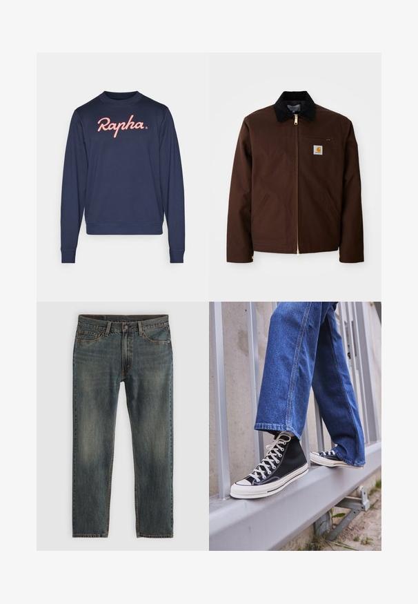 Hnědá plátěná bunda s kovovým zipem, kordurovým límcem, kapsou na levé hrudi se štítkem s logem a bočními kapsami se skrytými zipy.; Námořnická mikina s kulatým výstřihem, dlouhými rukávy a růžovým logem "Rapha" na hrudi. Měkká látka, žebrované manžety a spodní lem.; Modré džíny z denimové látky se střihovým návrhem rovného nohavice, v klasickém pětikošilkovém stylu, s akcenty prošití a mírně vybledlým povrchem.; Černé vysoké tenisky s bílou podrážkou a tkaničkami, v kombinaci s volnými modrými džíny, odpočívající na šedém zábradlí.