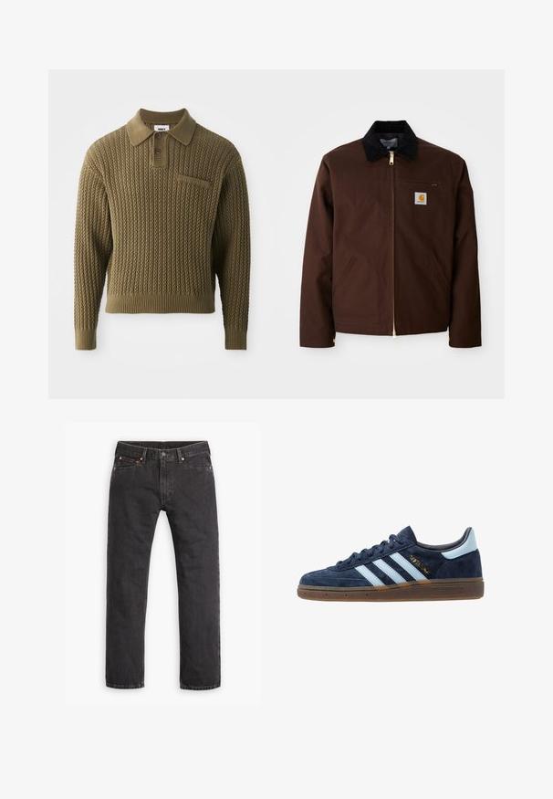 Casaco de lona castanho com um zíper dourado, colarinho de corduroy, bolso no lado esquerdo do peito com um patch de logo, e bolsos laterais com zíperes ocultos.; Pulôver de malha em verde oliva com um padrão texturizado, gola com colarinho e fecho de três botões. Apresenta punhos e barra canelados.; Jeans de denim pretos de perna reta com cinco bolsos, fecho de botão e rebites de cobre, dispostos sobre um fundo branco.; Sapatilha Adidas em camurça azul marinho com riscas azul claras, sola de borracha, tab para o calcanhar azul claro e a marcação dourada "Spezial" na lateral.
